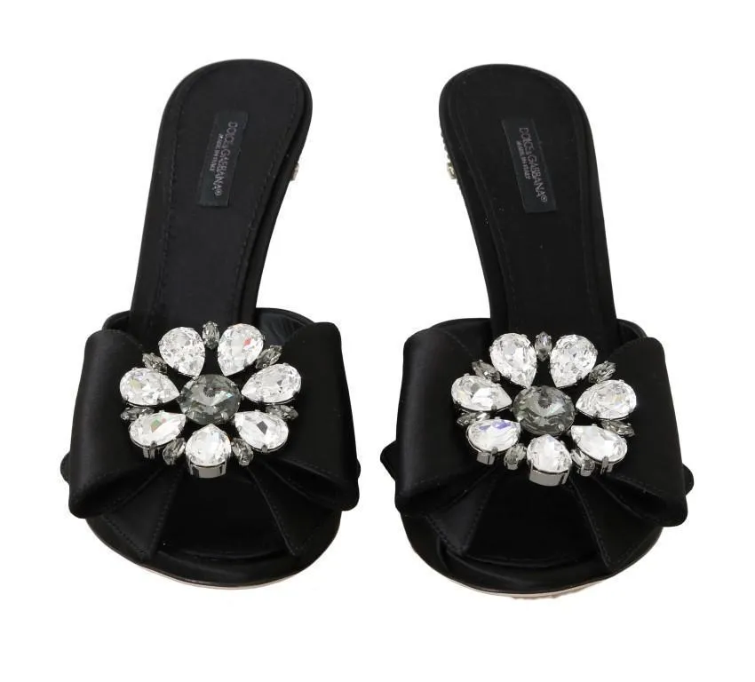 Black Silk Slides Crystals Sandals