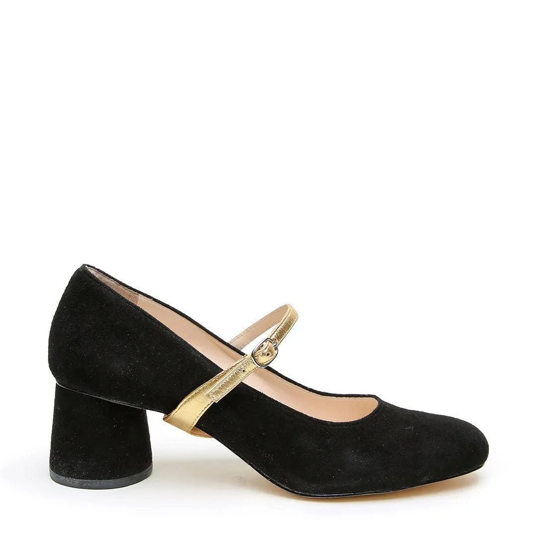Black Suede Ballet Pump   Gold Twiggy Strap