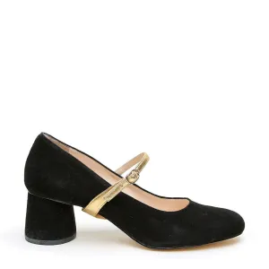 Black Suede Ballet Pump   Gold Twiggy Strap
