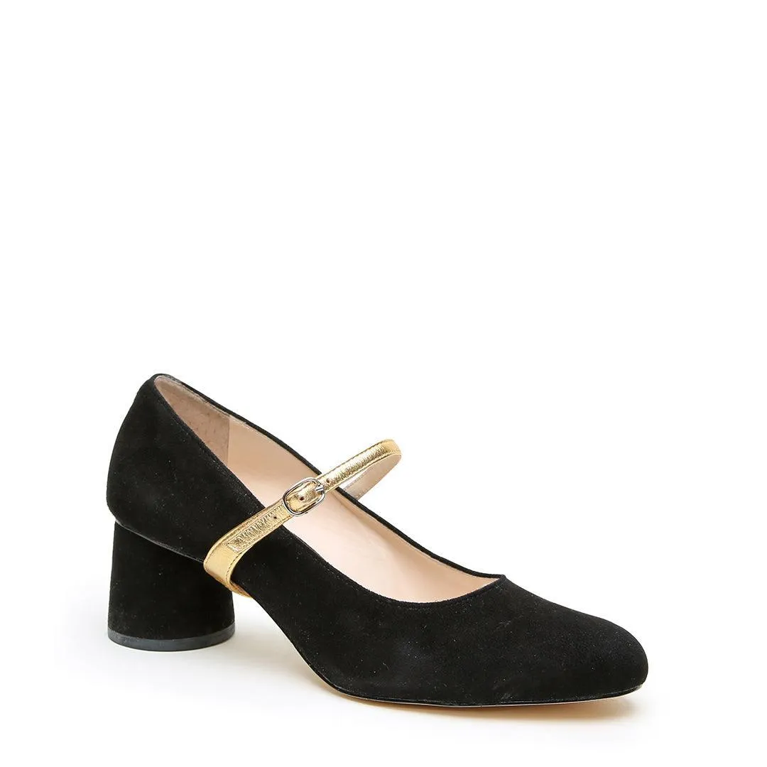 Black Suede Ballet Pump   Gold Twiggy Strap