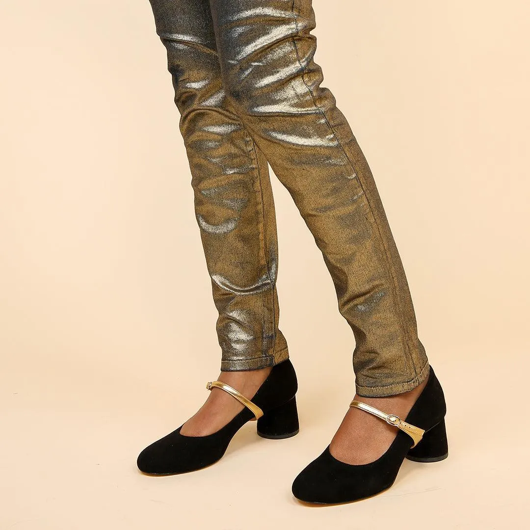 Black Suede Ballet Pump   Gold Twiggy Strap