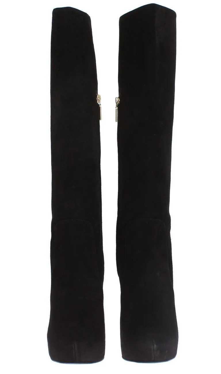 Black Suede Heels Mid Calf Boots
