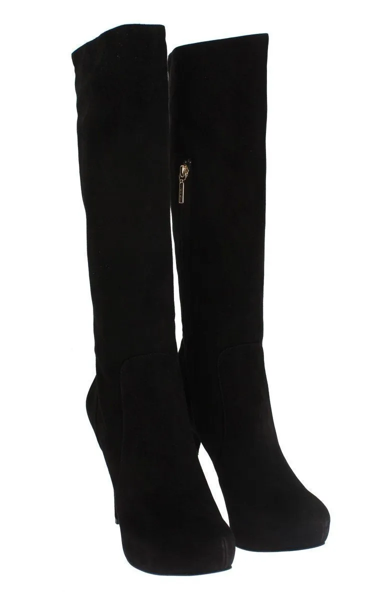 Black Suede Heels Mid Calf Boots