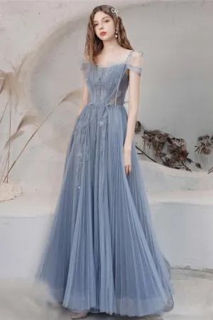 Blue A-line Tulle Prom Dress for Women Long Evening Dress Graduation Dress OKV89