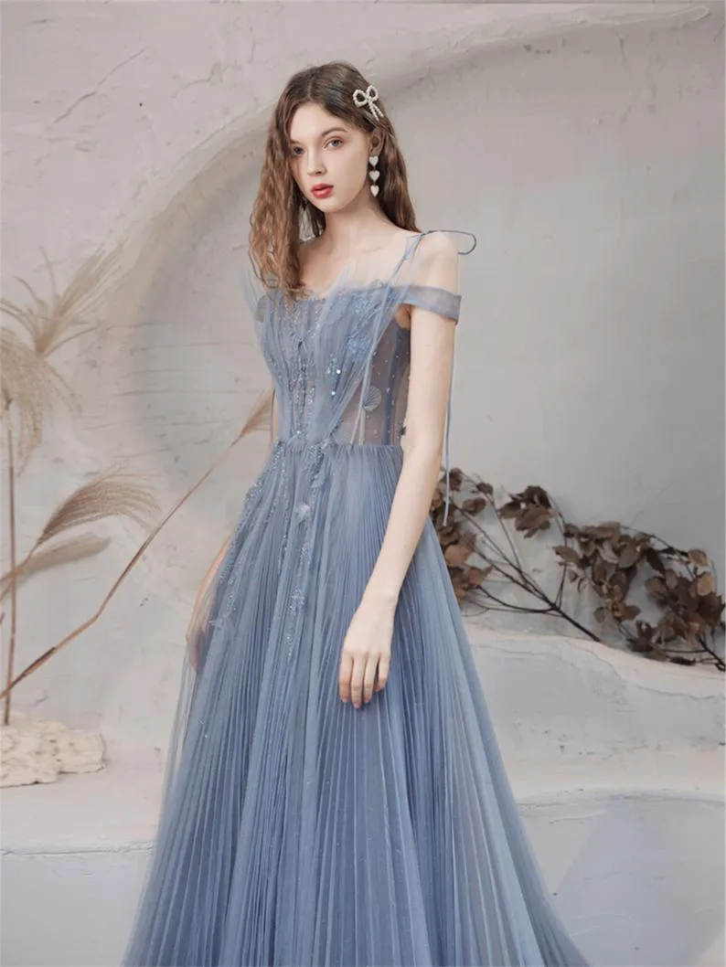 Blue A-line Tulle Prom Dress for Women Long Evening Dress Graduation Dress OKV89