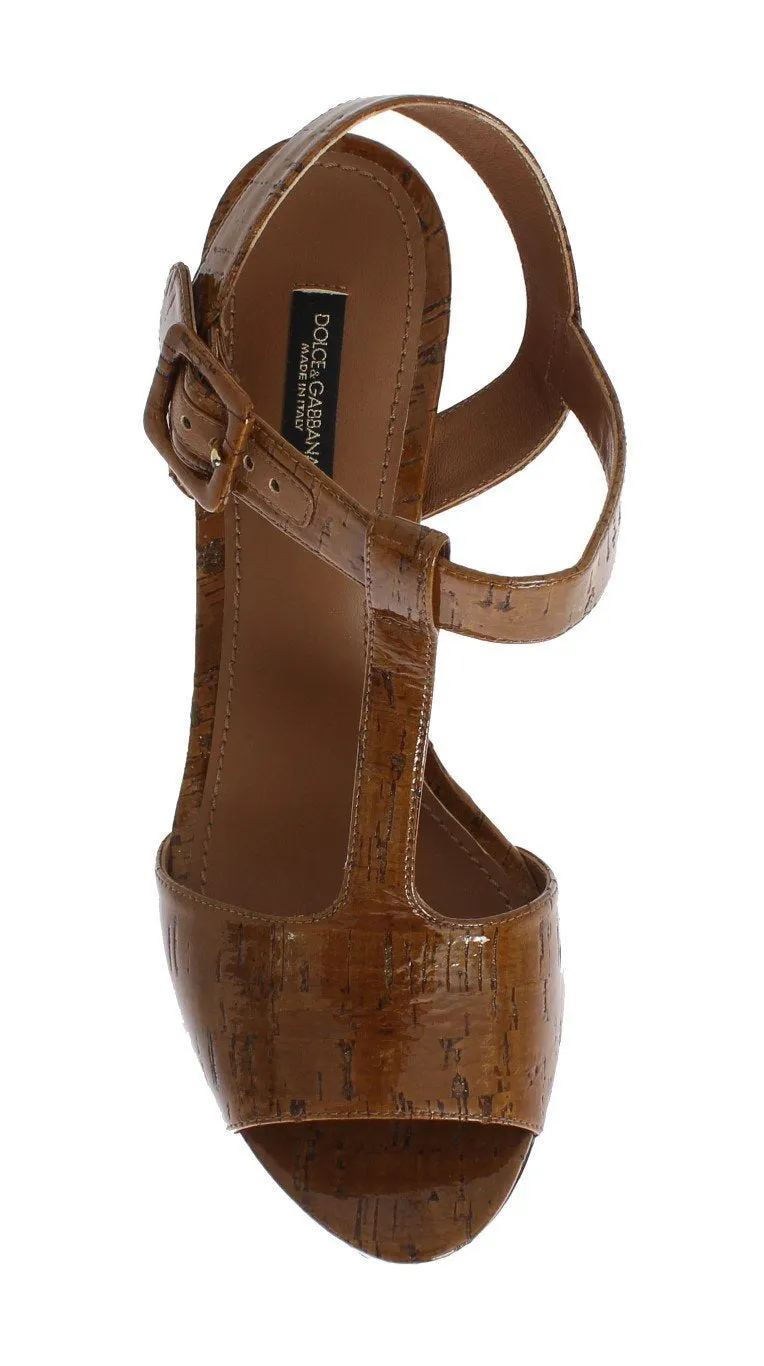 Brown Leather Floral Wedges Platform Shoes