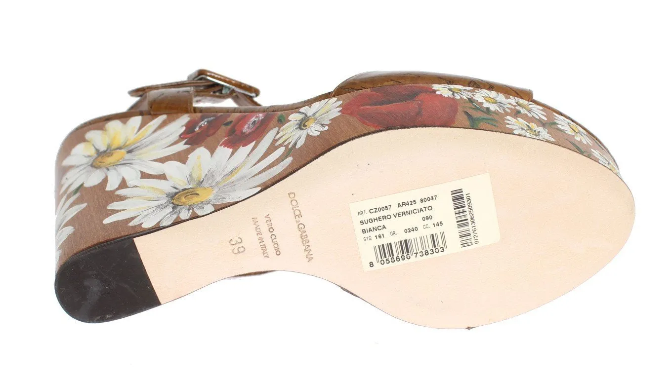 Brown Leather Floral Wedges Platform Shoes