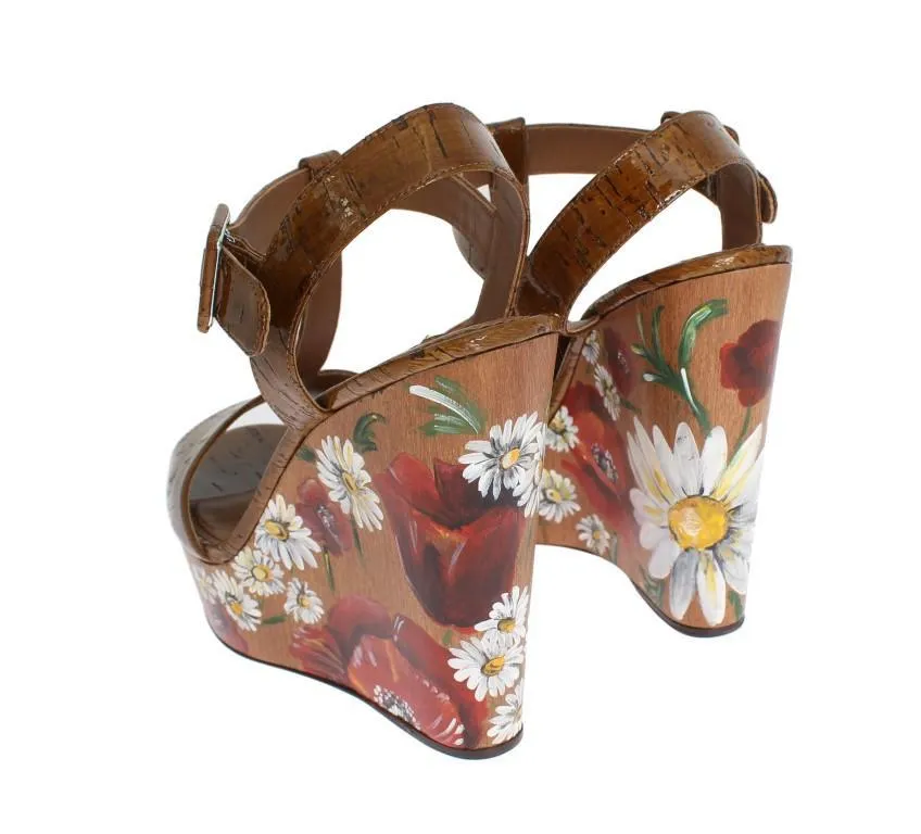 Brown Leather Floral Wedges Platform Shoes