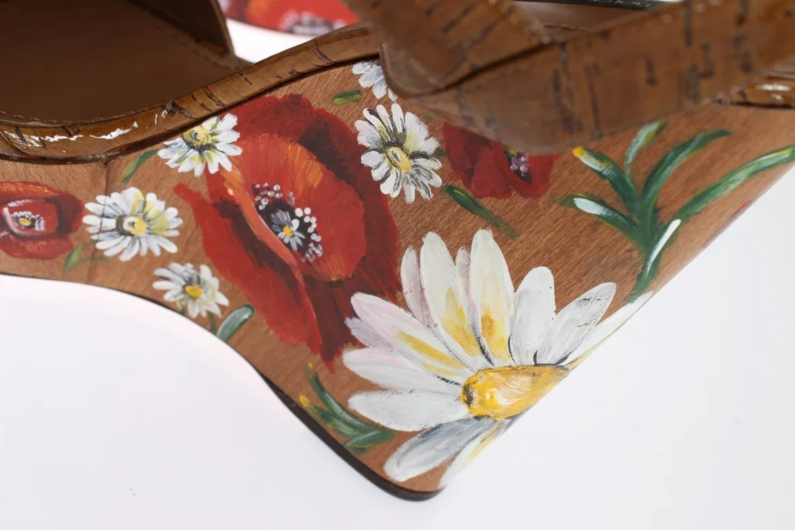 Brown Leather Floral Wedges Platform Shoes