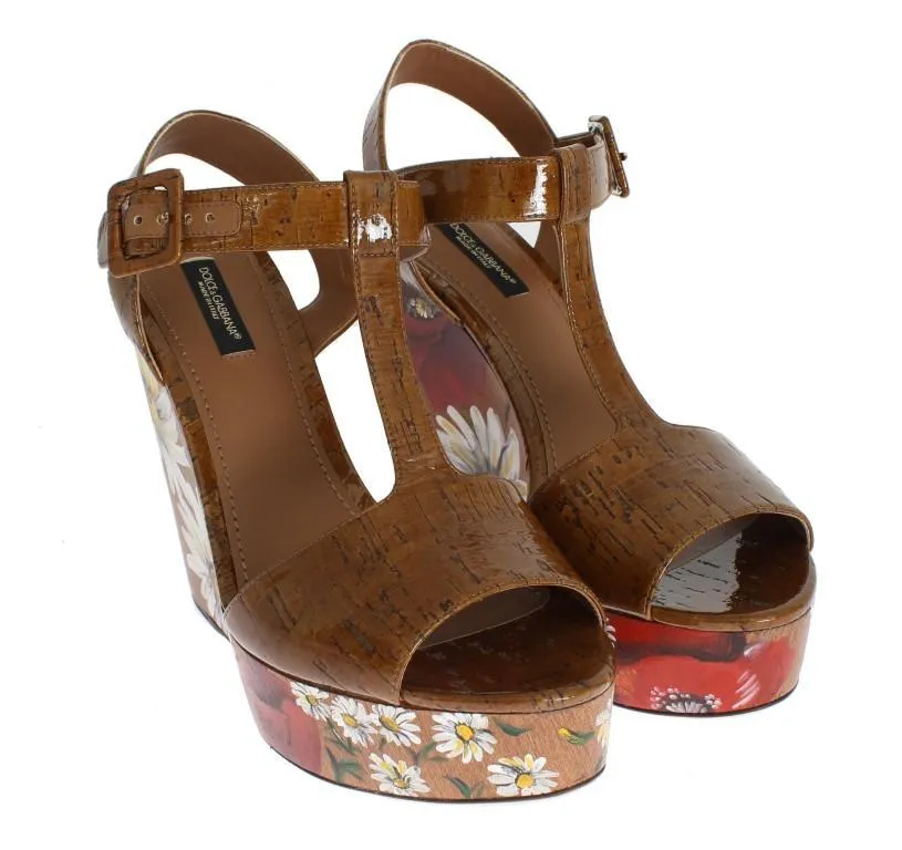 Brown Leather Floral Wedges Platform Shoes