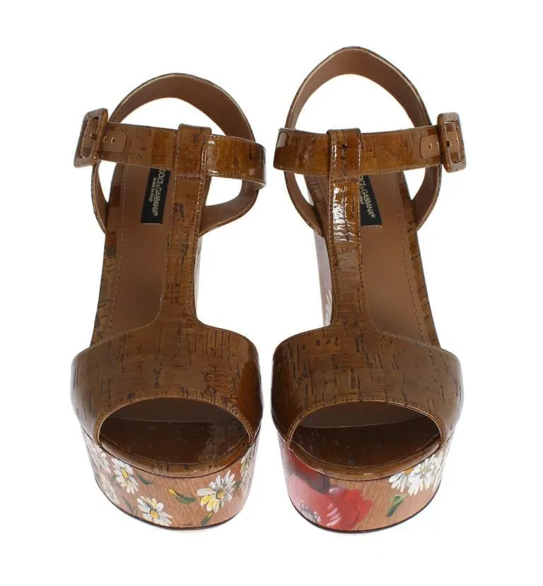Brown Leather Floral Wedges Platform Shoes
