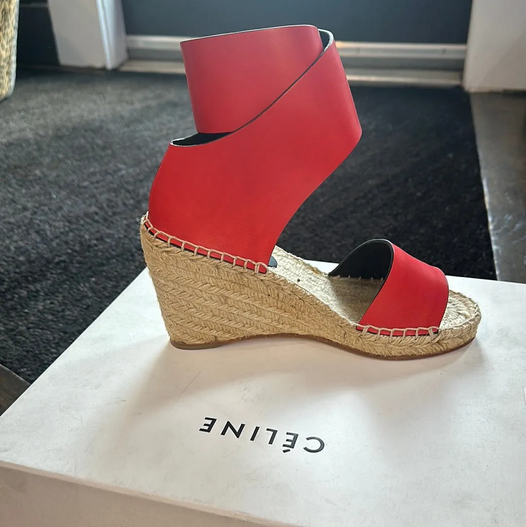 Celine Carri Red LEather Calfskin Ankle Wedges