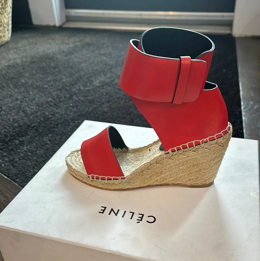 Celine Carri Red LEather Calfskin Ankle Wedges