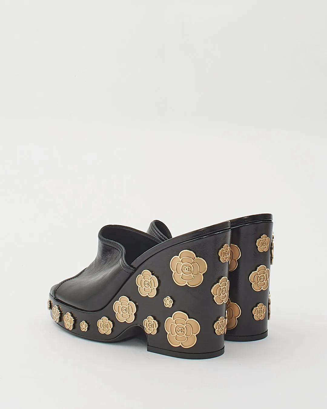 Chanel Black Leather Gold Camellia Flower Embellished Wedge Heels - 40