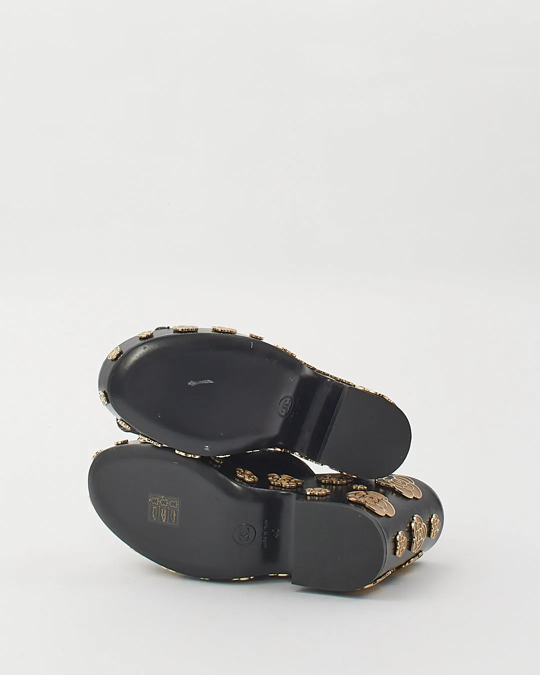 Chanel Black Leather Gold Camellia Flower Embellished Wedge Heels - 40