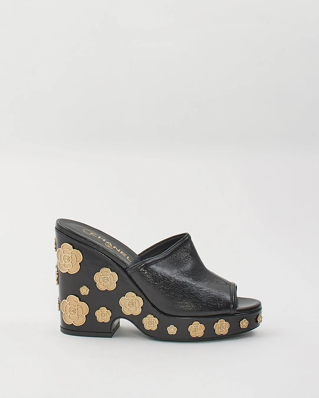 Chanel Black Leather Gold Camellia Flower Embellished Wedge Heels - 40