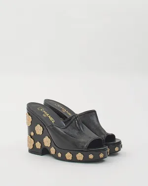 Chanel Black Leather Gold Camellia Flower Embellished Wedge Heels - 40