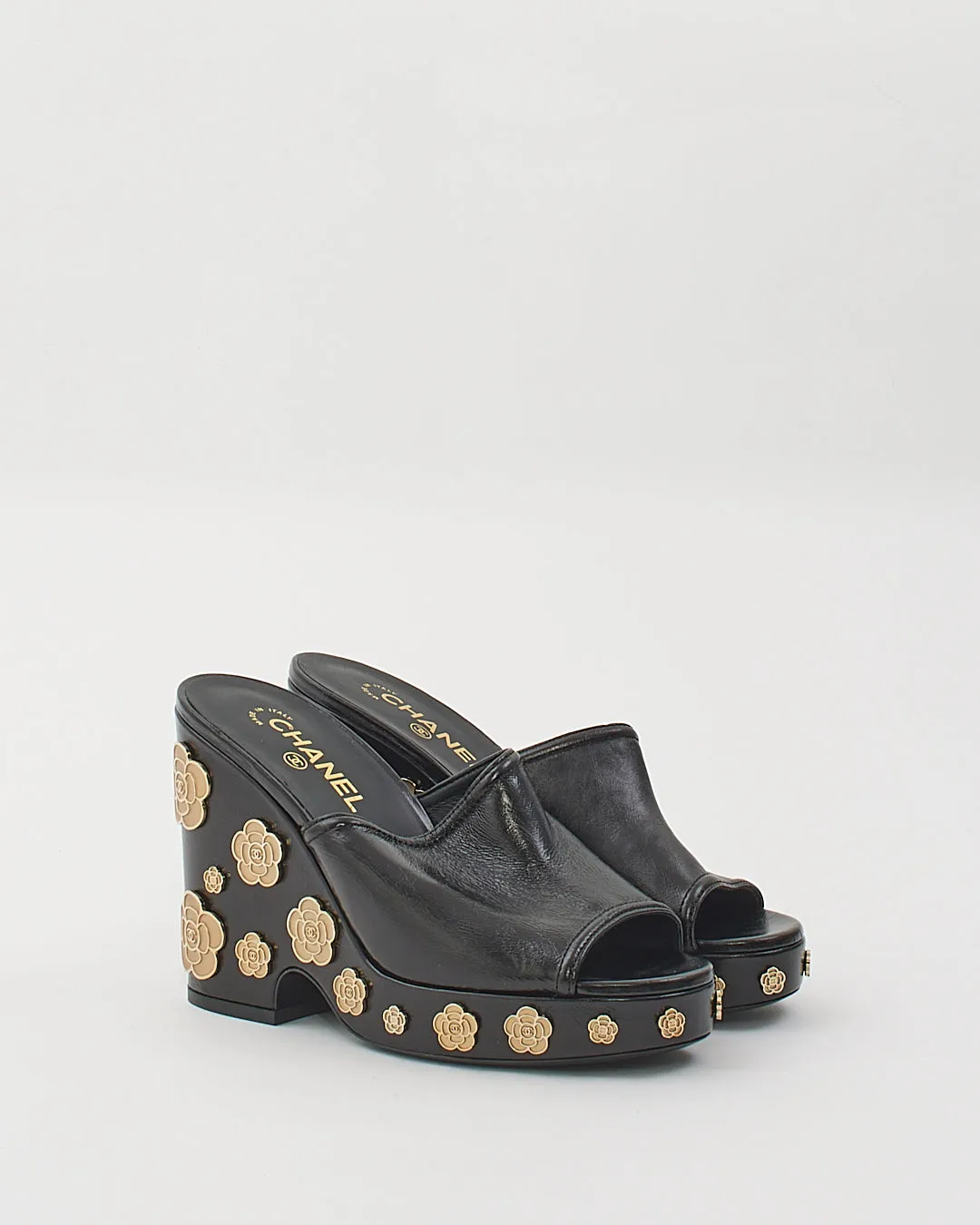 Chanel Black Leather Gold Camellia Flower Embellished Wedge Heels - 40