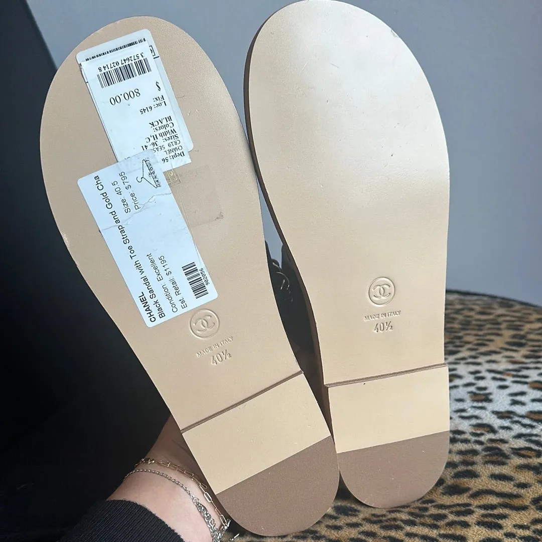Chanel Black Sandal with Toe Strap and Gold Chain Detail
