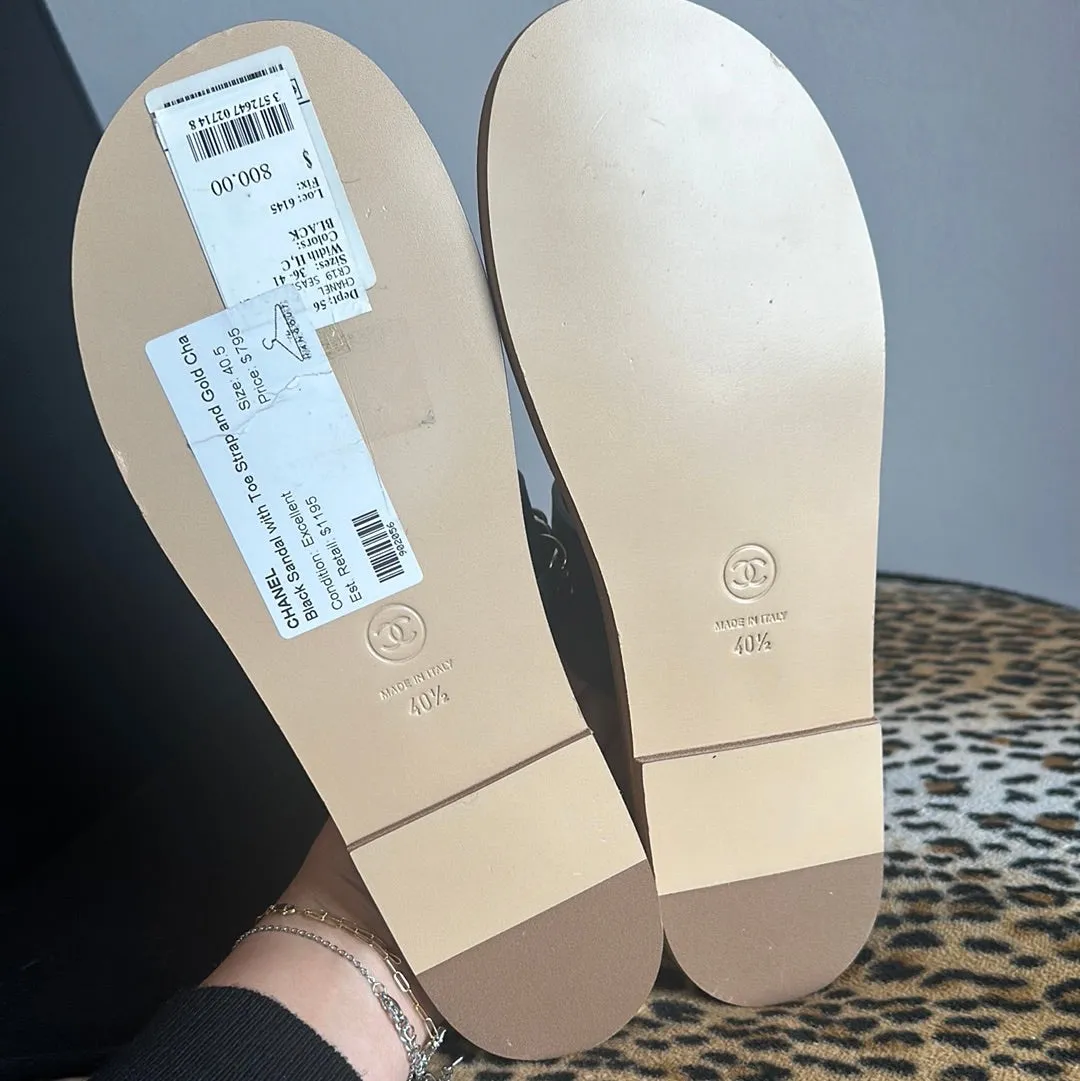 Chanel Black Sandal with Toe Strap and Gold Chain Detail