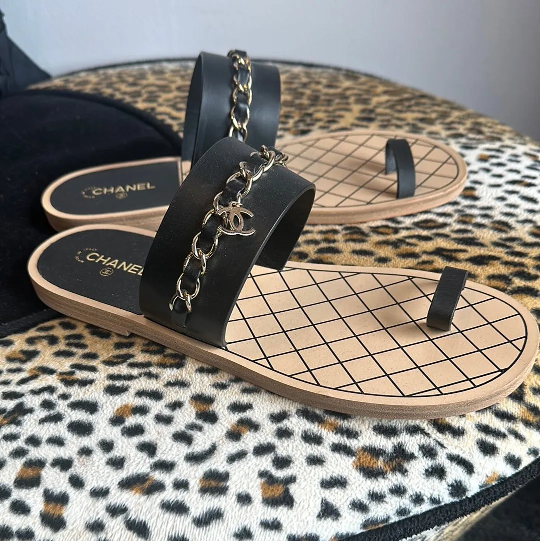 Chanel Black Sandal with Toe Strap and Gold Chain Detail
