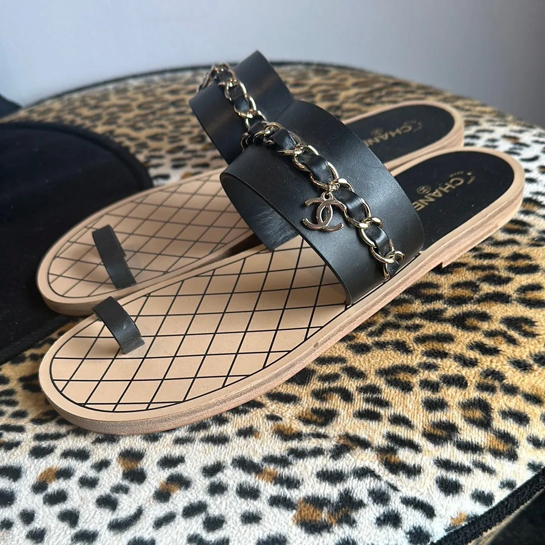 Chanel Black Sandal with Toe Strap and Gold Chain Detail