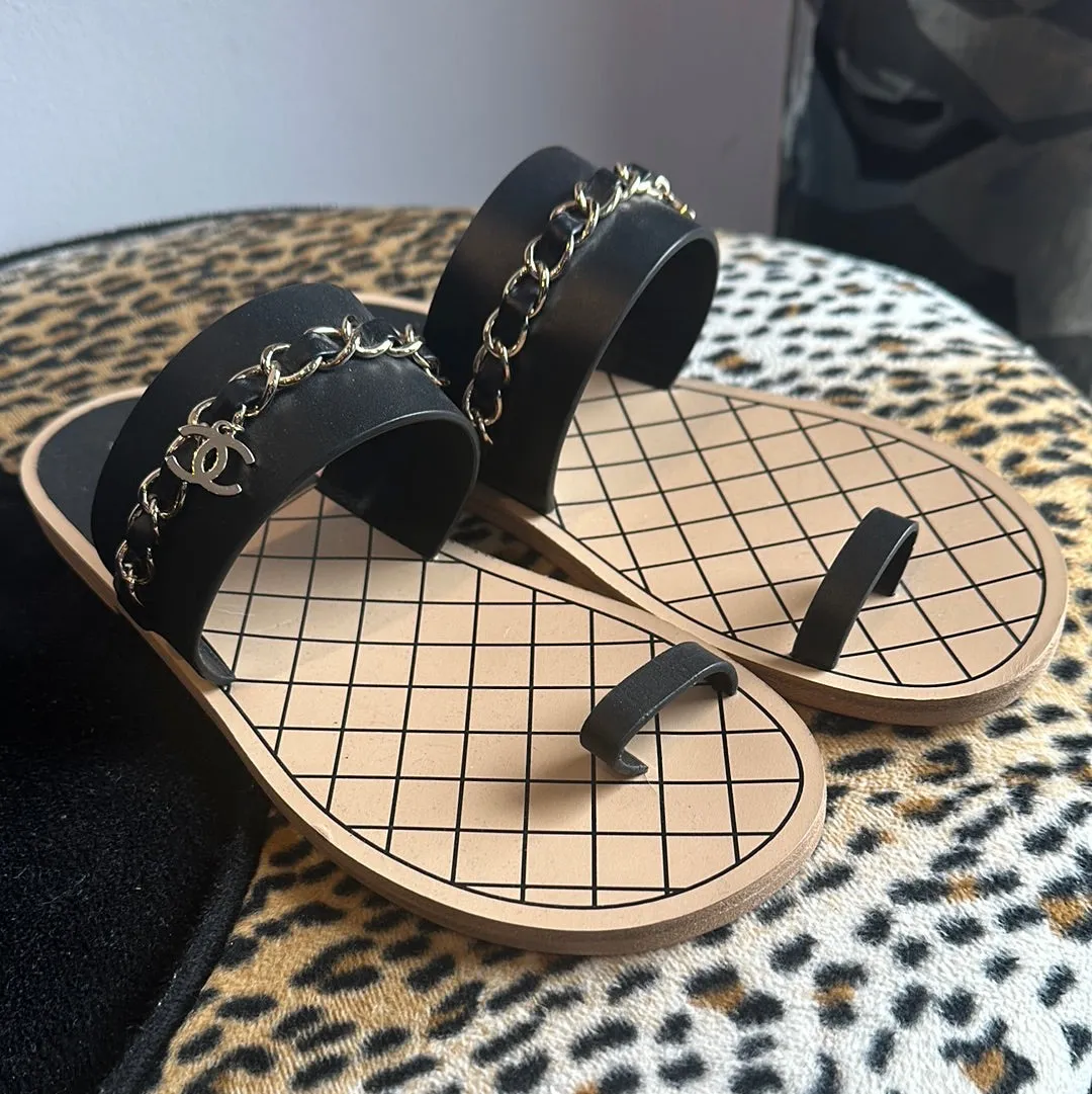 Chanel Black Sandal with Toe Strap and Gold Chain Detail