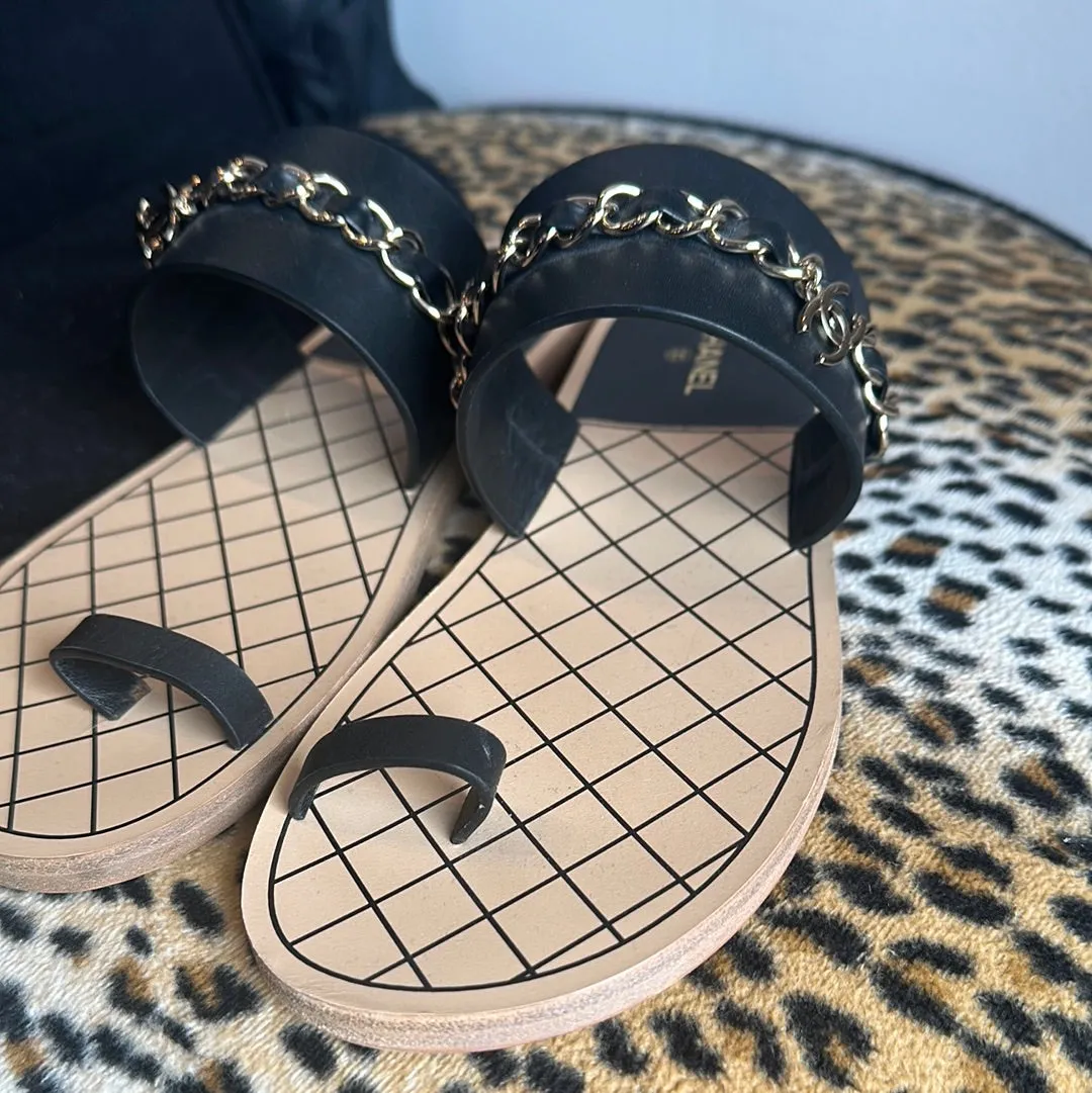 Chanel Black Sandal with Toe Strap and Gold Chain Detail