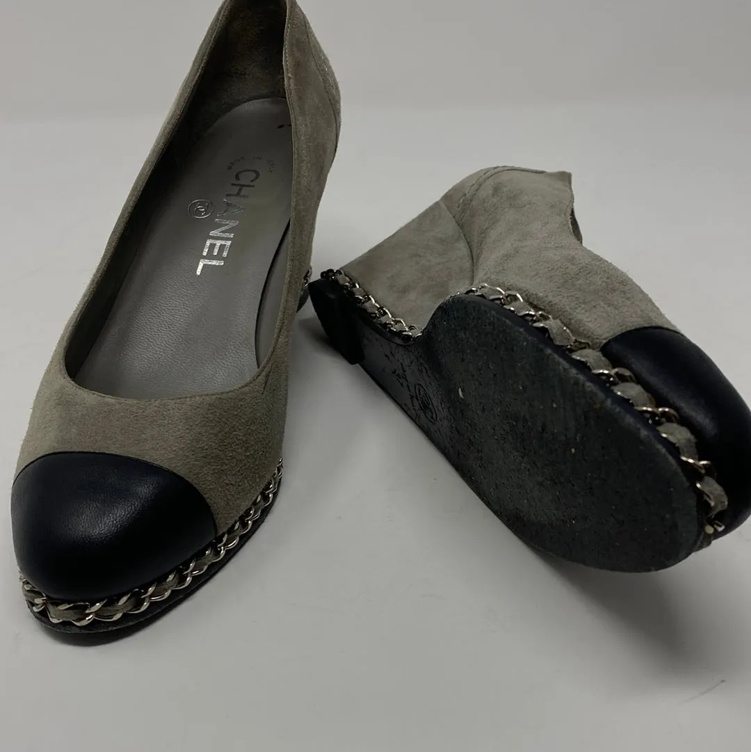 Chanel Grey Suede Chain Around Wedges with Black Leather Toe