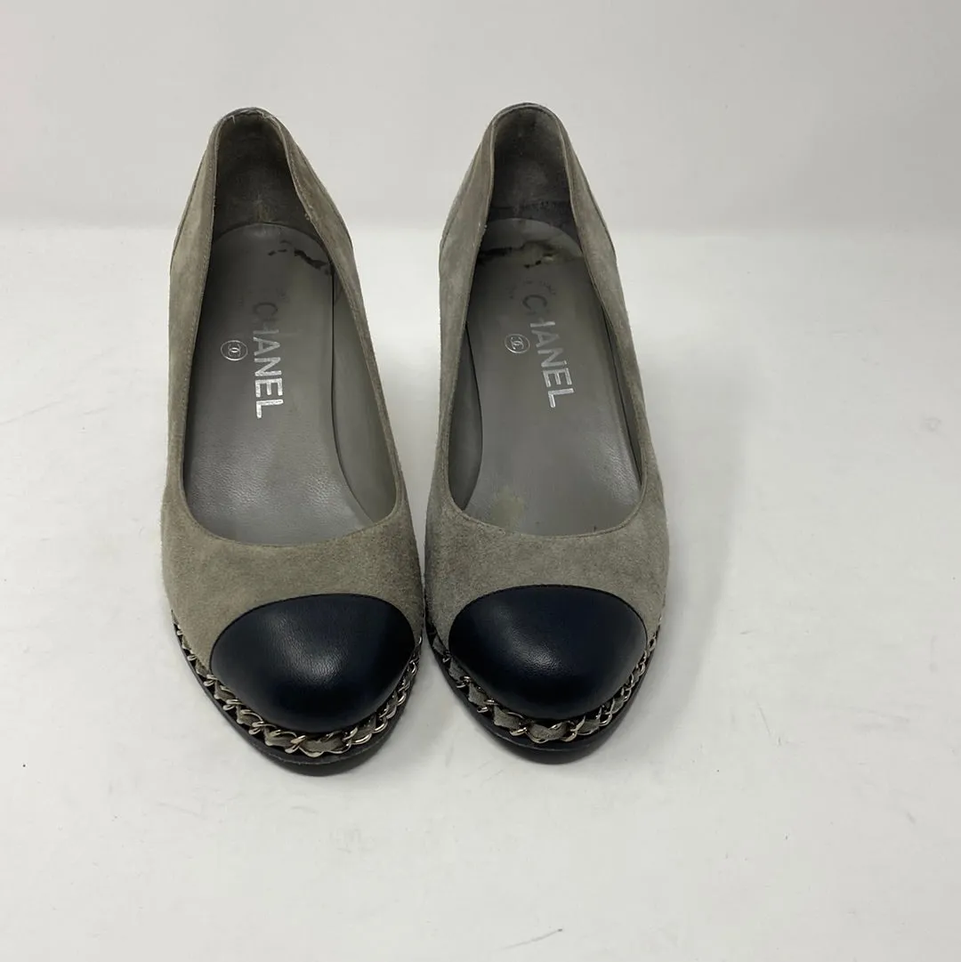 Chanel Grey Suede Chain Around Wedges with Black Leather Toe