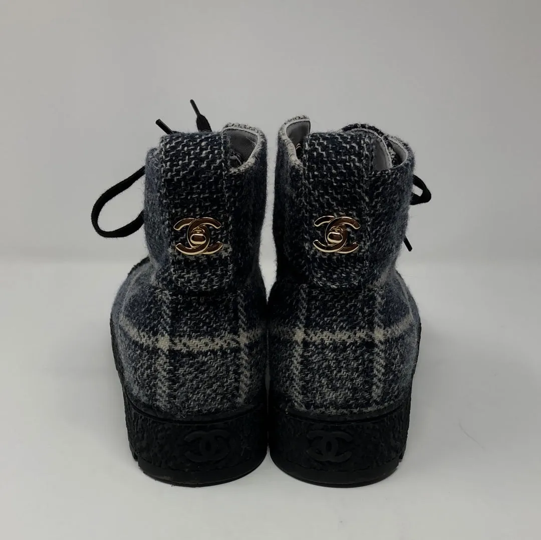 Chanel Tweed Navy Black and Ivory Lace up Booties