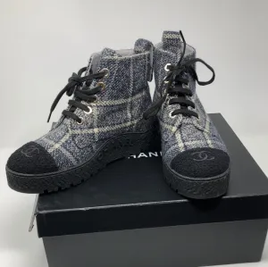 Chanel Tweed Navy Black and Ivory Lace up Booties
