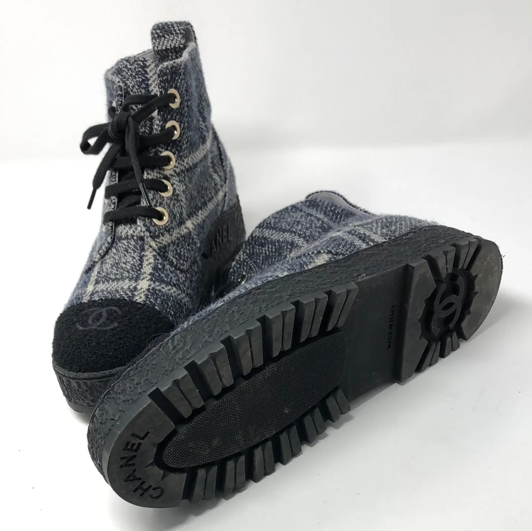 Chanel Tweed Navy Black and Ivory Lace up Booties