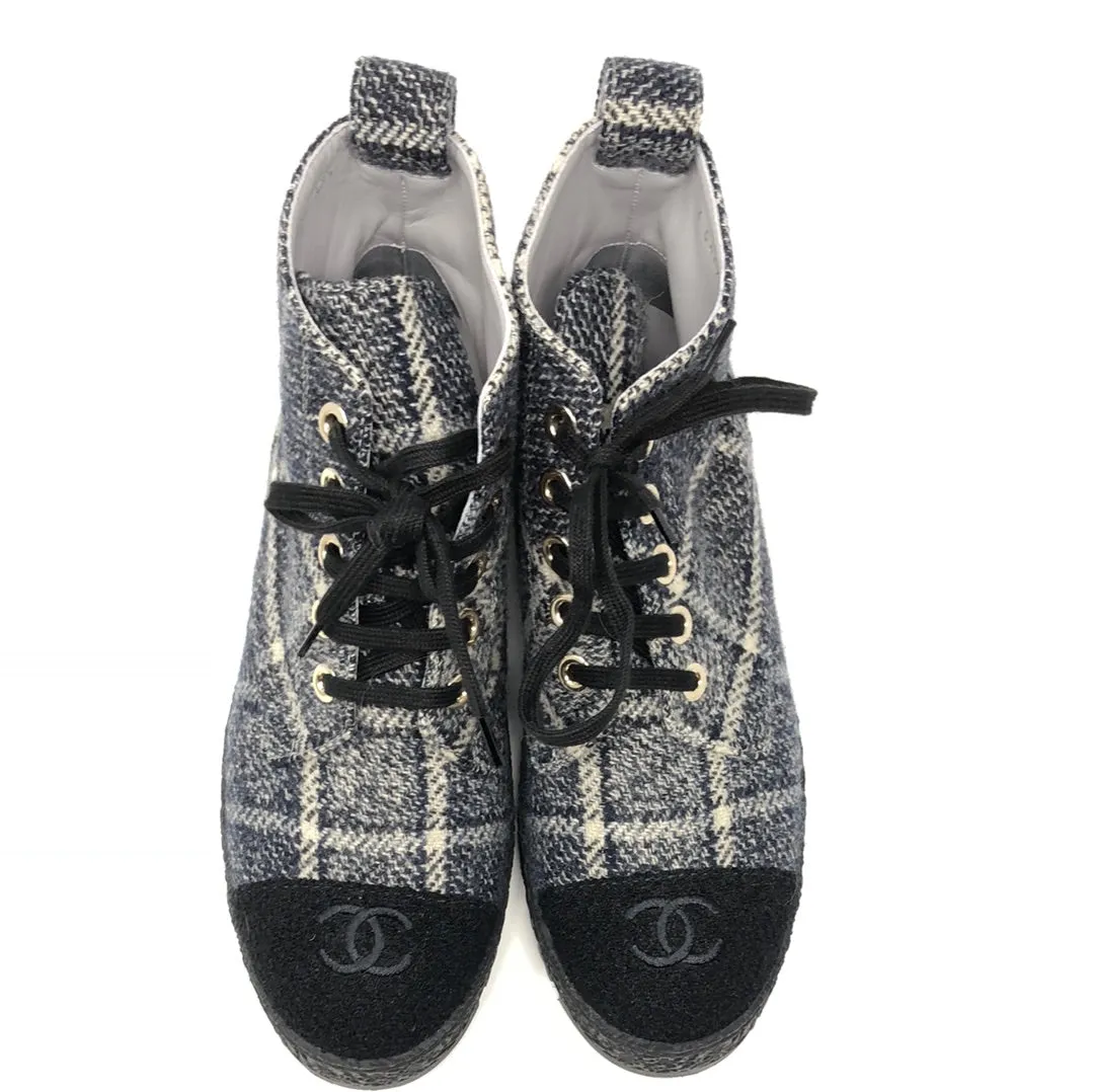 Chanel Tweed Navy Black and Ivory Lace up Booties