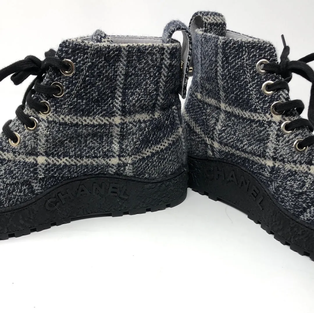 Chanel Tweed Navy Black and Ivory Lace up Booties