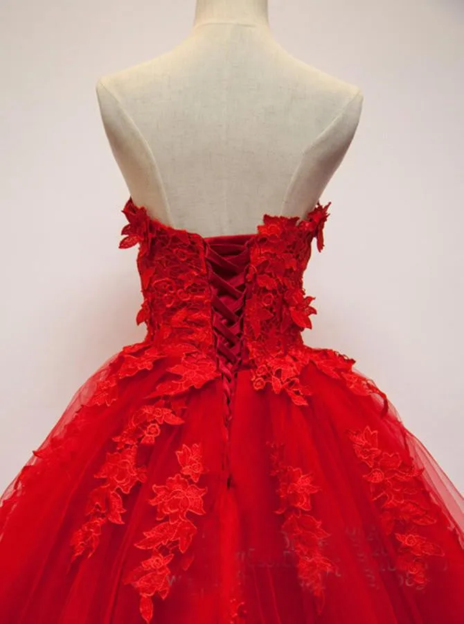 Charming Red Sweetheart Strapless Ball Gown Applique Tulle Long Prom Dresses OKE82
