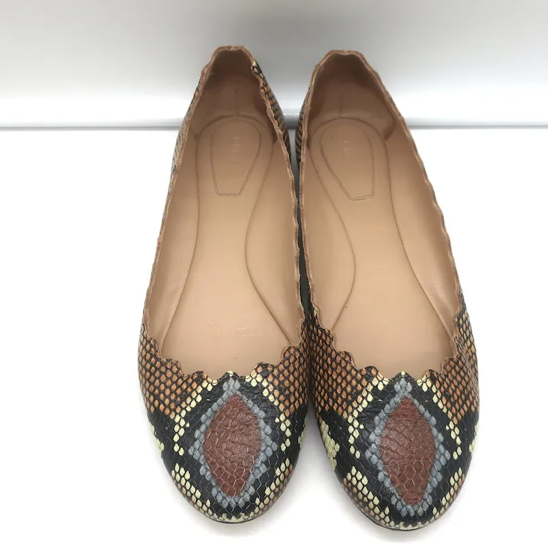 Chloe Lauren Snake-Effect Scalloped Ballet Flats Brown Leather Size 38.5