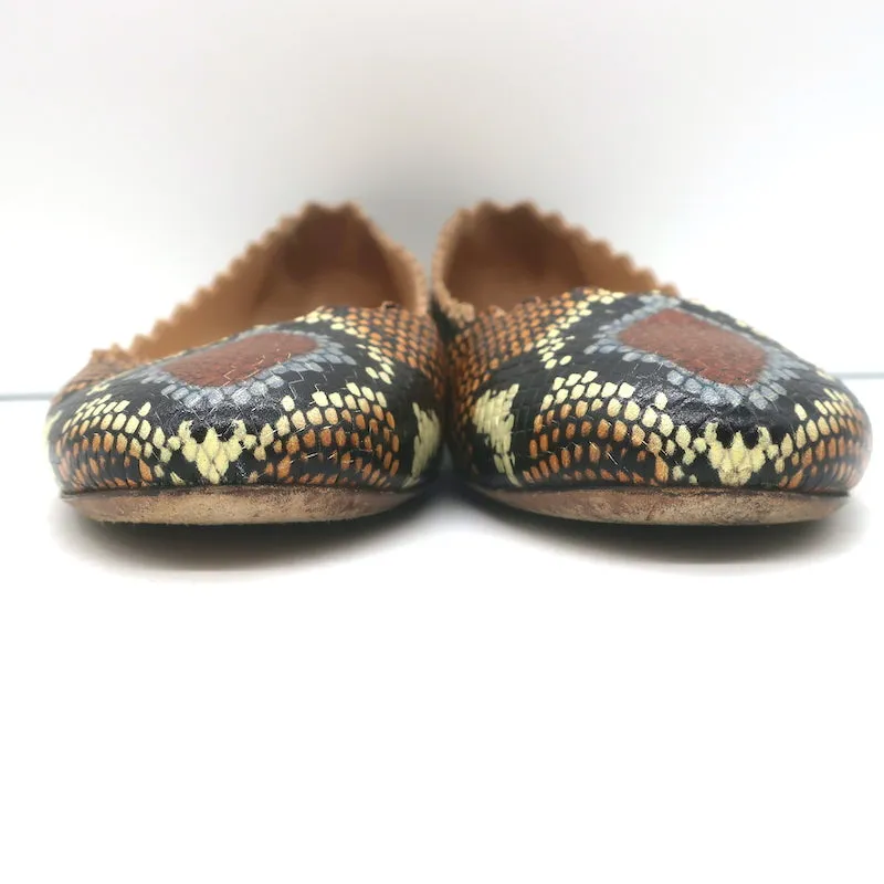 Chloe Lauren Snake-Effect Scalloped Ballet Flats Brown Leather Size 38.5