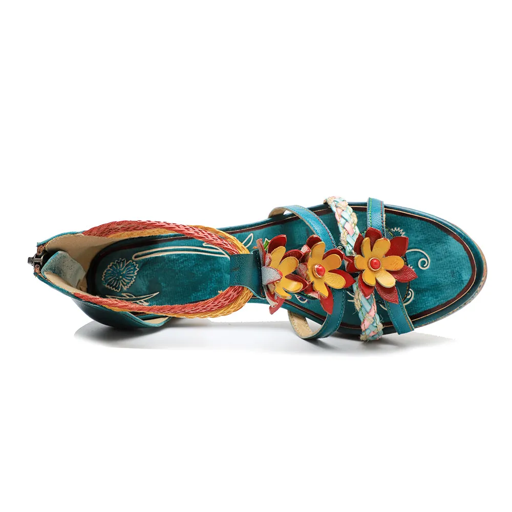 CrazycatZ Leather Block Heel Roman Sandals,Women Leather Bohemian Colorful Sandal 1001