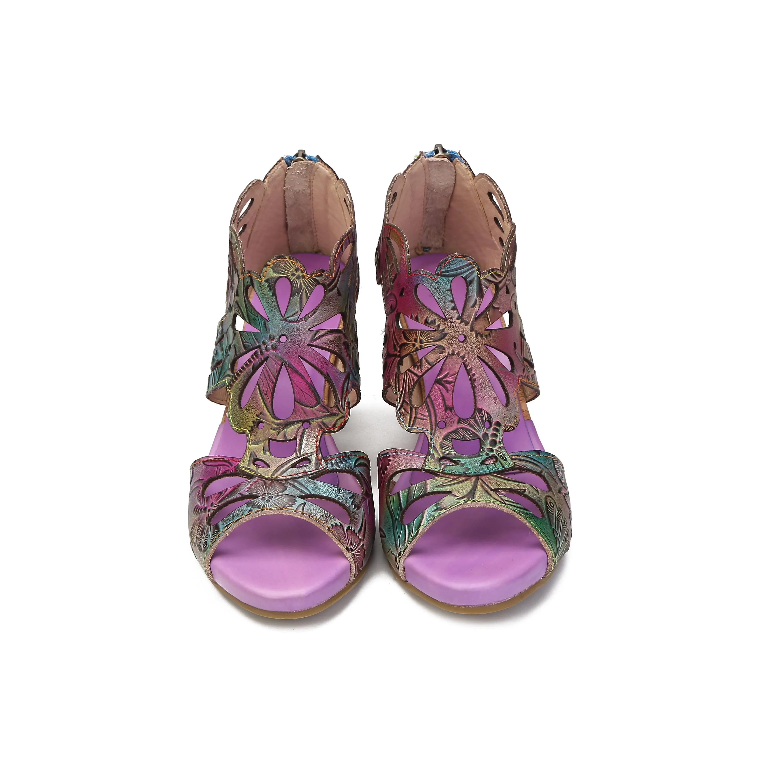 CrazycatZ Leather Block Heel Roman Sandals,Women Leather Bohemian Sandals Purple
