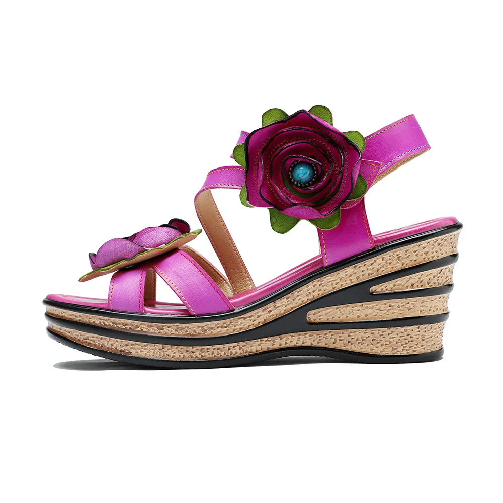 CrazycatZ Leather Wedged Roman Sandals,Women Leather Bohemian Colorful Floral Sandal 1004