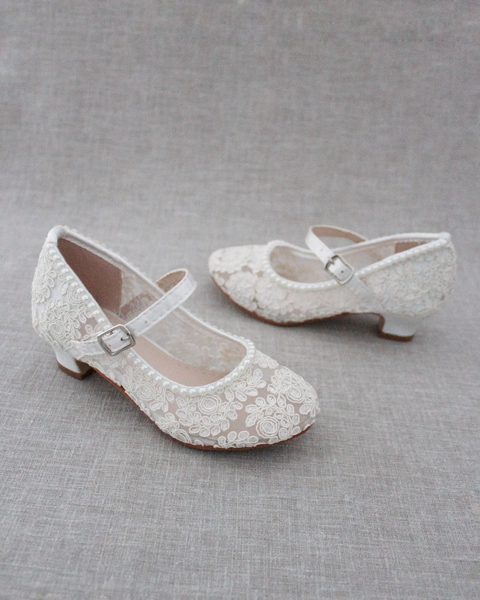 Crochet Lace Mary Jane Heels with Mini Pearls