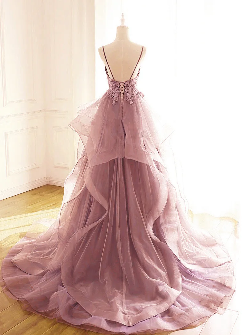 Dark Pink V-Neck Tulle Lace Prom Dress,Spaghetti Strap Prom Dress,Ruffle A Line Formal Dress