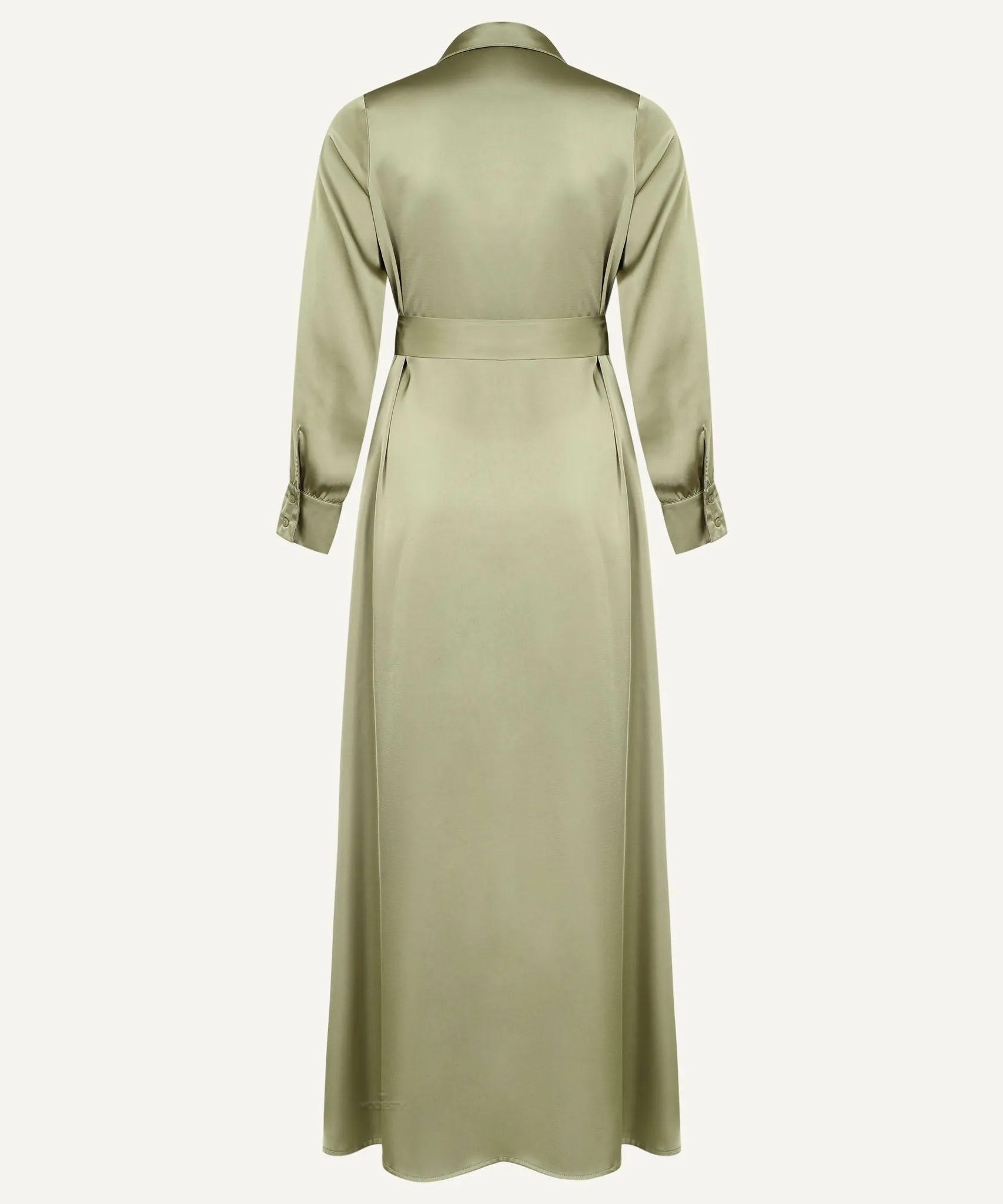 Dark Sage Satin Button Down Collar Dress