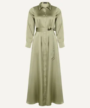 Dark Sage Satin Button Down Collar Dress