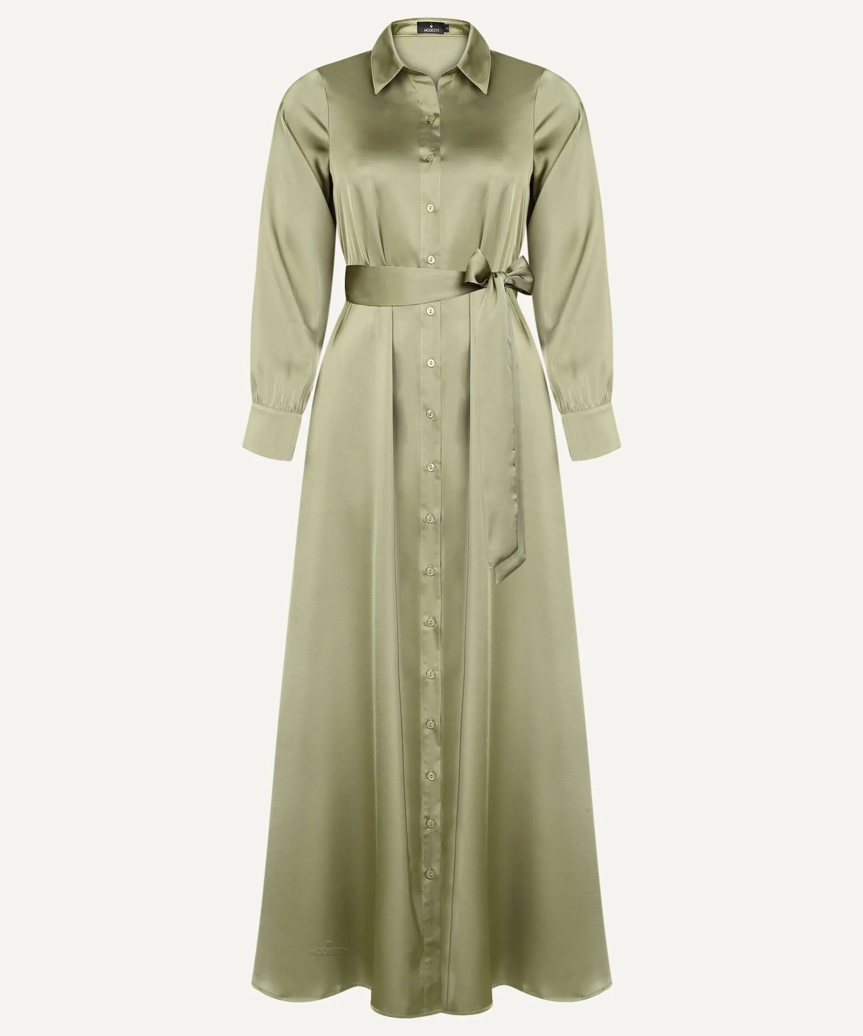 Dark Sage Satin Button Down Collar Dress