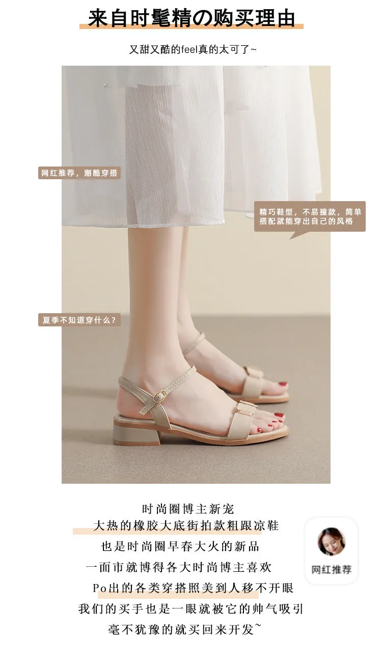 DEANWANGKT  Women's One-Strap Sandals Summer  This Year's New Fairy Style Mid Heel Chunky Heel Dress Gentle Student Roman Shoes