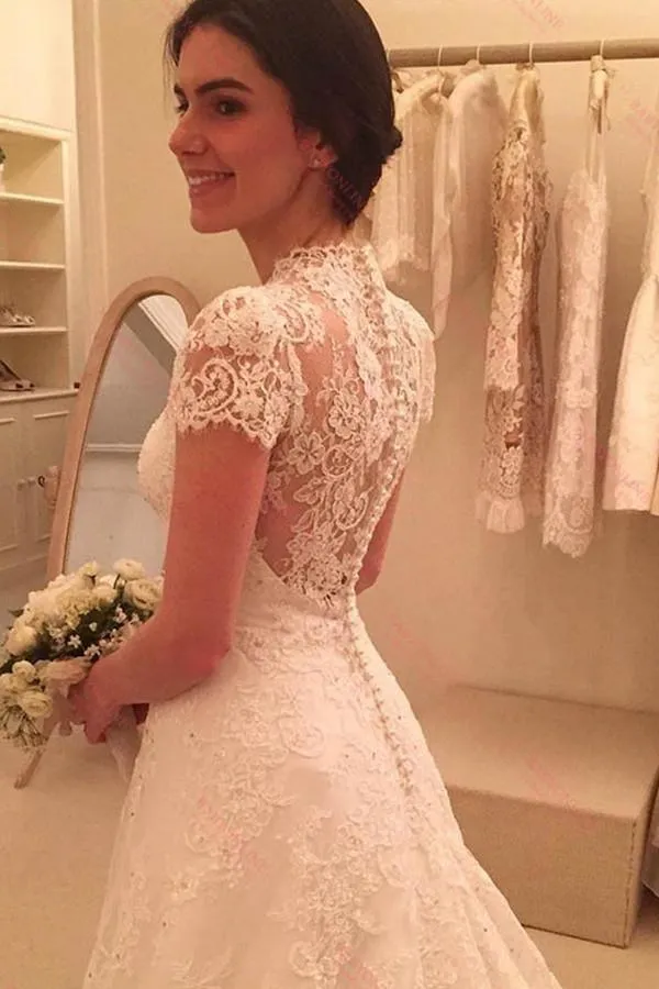 Delicate Scoop Short Sleeves Long Lace Wedding Dress Illusion Back TN0091