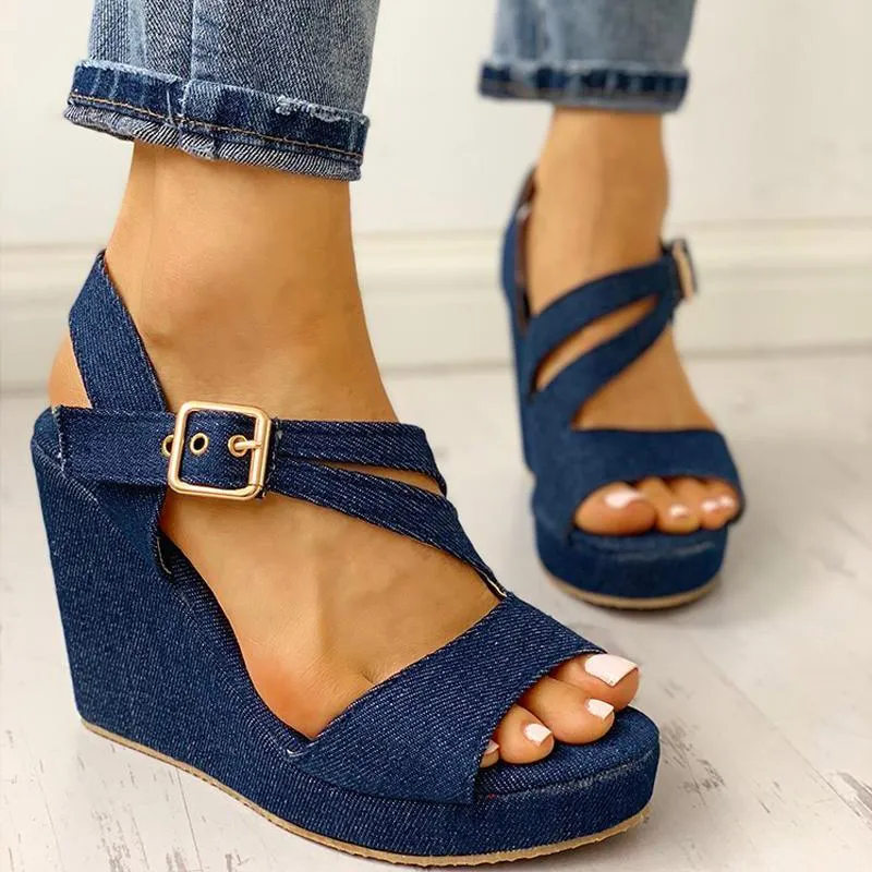 Denim Buckled Platform Wedge Sandals
