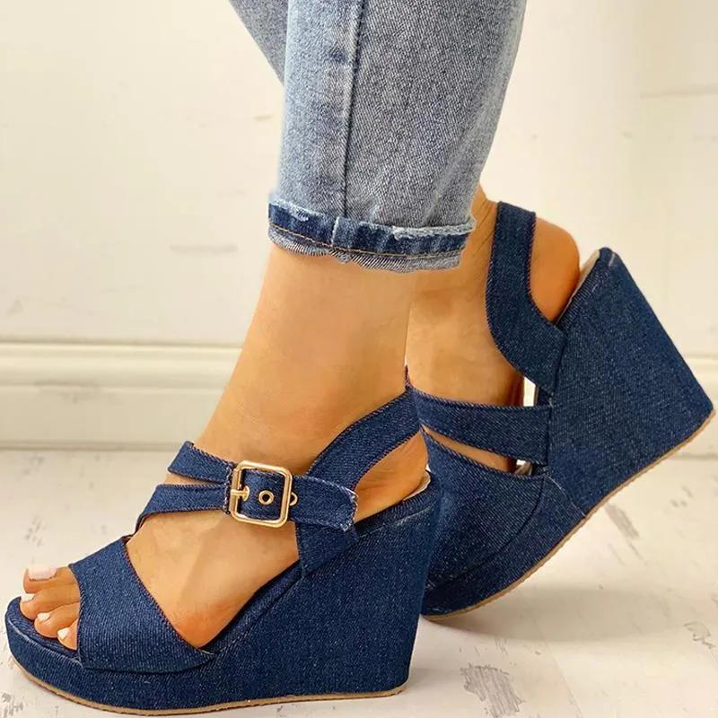 Denim Buckled Platform Wedge Sandals